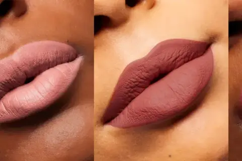 Labios con acabado mate en tonos rosados y un vibrante color granate.