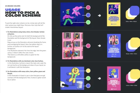 Ilustracje z przykładami doboru schematów kolorów dla marki Discord.