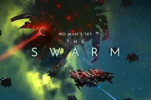 No Man's Sky aktualizacja "The Swarm" - ogromny statek kosmiczny i roje mniejszych jednostek w kosmicznej bitwie.