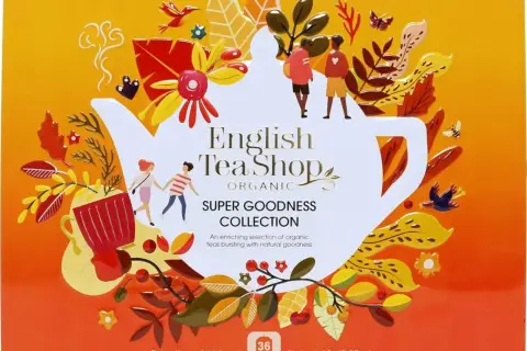 Pudełko herbaty English Tea Shop Organic z motywem jesiennym. Zawiera 36 saszetek 6 różnych mieszanek.