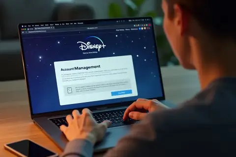 Osoba na laptopie przegląda stronę "Account Management" Disney+, szukając informacji, jak anulować subskrypcję Disney Plus.