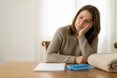 Donna con espressione stanca, appoggiata al tavolo, sembra avere sempre sonno. Sul tavolo ci sono un quaderno, un contenitore per il ghiaccio e una coperta piegata.