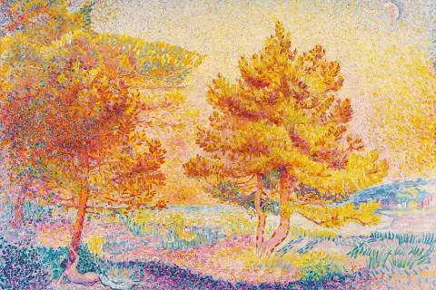 A sun-drenched landscape by pointillism artists, featuring golden trees and a figure resting beneath one, rendered in vibrant dots of color.