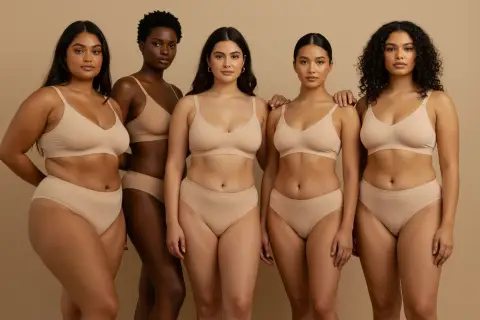 Cinco mujeres de diversos tipos de cuerpo posan en lencería color piel, celebrando la belleza de todas las formas.