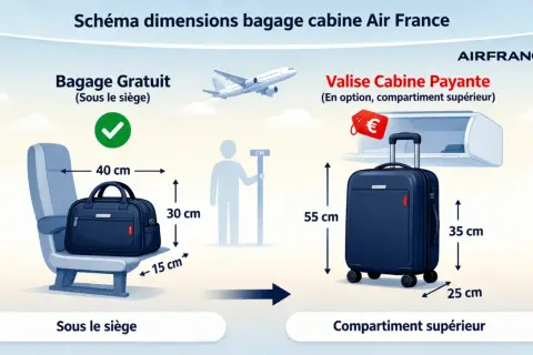Schéma des dimensions des bagages cabine Air France : un sac sous le siège et une valise en soute.