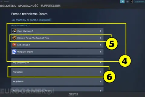 Pomoc techniczna Steam: ostatnie produkty i transakcje. Dowiedz się, kiedy można zwrócić grę na Steam.
