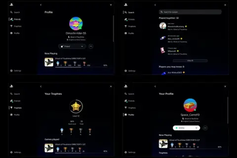 Cztery ekrany profilu PlayStation z grą Ghost of Tsushima, pokazujące profile graczy i trofea.