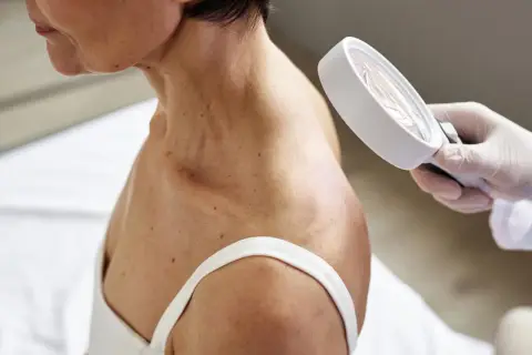 Dermatolog ogląda skórę szyi i ramienia pacjentki przez lupę.