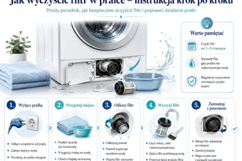 Ilustracja przedstawia instrukcję czyszczenia filtra pralki krok po kroku, z widoczną pralką, akcesoriami i etapami procesu.