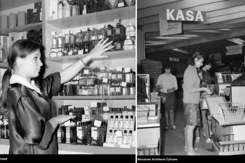 Kobieta wybiera perfumy w sklepie, a inni klienci robią zakupy przy kasie. Karty pracy z epoki.