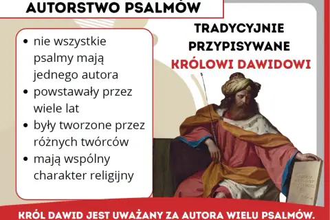 Król Dawid, tradycyjnie przypisywany autor wielu psalmów, siedzi z księgą. Tekst informuje o autorstwie psalmów.