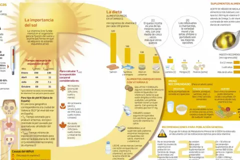 Infografía sobre la vitamina D, sus fuentes (sol, dieta, suplementos) y su importancia para niños y adultos.
