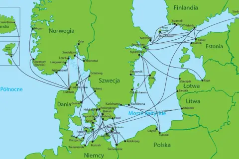 Mapa promów łączących Danię, Niemcy, Szwecję, Norwegię, Finlandię, Estonię, Łotwę, Litwę, Polskę i Islandię.