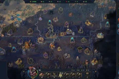 Mapa strategiczna w grze heroes gra, pełna zamków, osad i magicznych budowli. Gracze zarządzają zasobami i armiami.