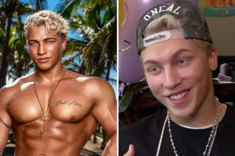Toby Paradise Hotel-deltagare med solbränd hud och blont hår, bärande smycken. Till höger, med keps och leende.