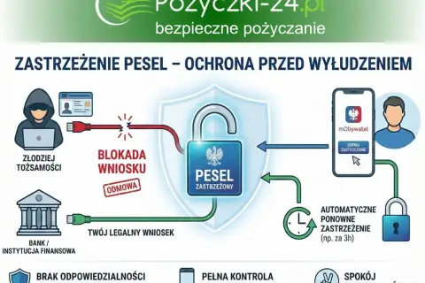 Jak zastrzec PESEL? Schemat pokazuje ochronę przed wyłudzeniem. Złodziej próbuje, ale blokada wniosku chroni Twój PESEL. Możesz cofnąć zastrzeżenie w aplikacji mObywatel.