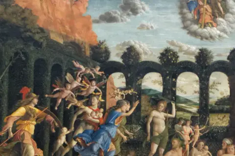 Scena pełna postaci, aniołków i bogów, symbolizująca triumf humanizmu nad chaosem.