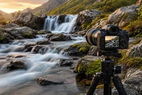 Aparat fotograficzny na statywie uwiecznia górski potok z wodospadem. Słońce tworzy na wodzie piękne, falujące **caustics**.