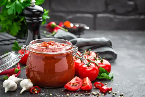 Słoik domowego sosu po polsku, obok świeże pomidory, czosnek i papryczki chili.
