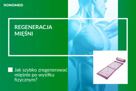 Grafika z hasłem "Regeneracja mięśni" i pytaniem "Jak szybko zregenerować mięśnie po wysiłku fizycznym?". Widoczny też masażer akupresurowy.