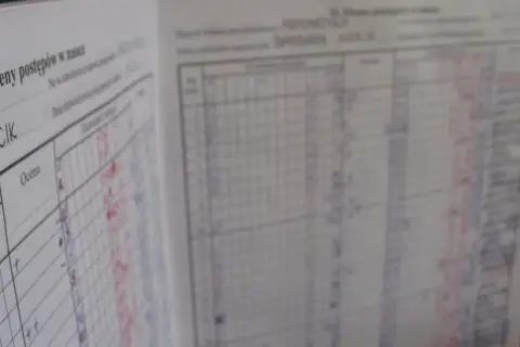 Dziennik lekcyjny z wpisanymi ocenami, widok na tabelę postępów w nauce. Kiedy jest wystawienie ocen, widać tu zapisy.