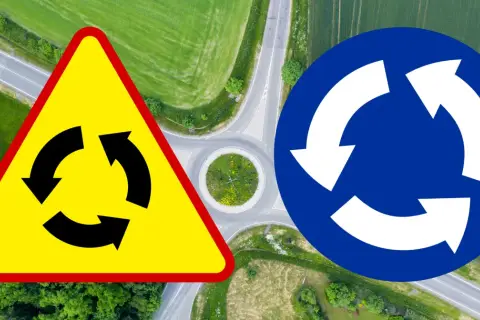 Ostrzeżenie o skrzyżowaniu równorzędnym z drogą z pierwszeństwem okrężnym. Znak A-7 i znak C-12 informują o ruchu okrężnym.