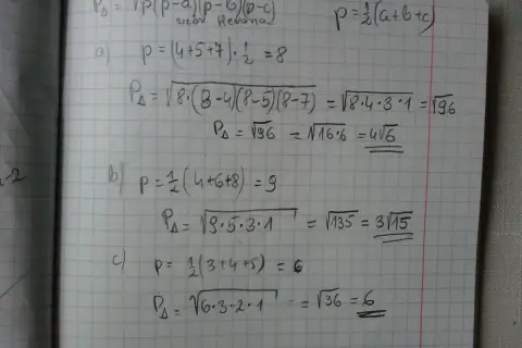 Wzór Herona do obliczania pola trójkąta. Przykład a: p=8, PΔ=√96=4√6. Przykład b: p=9, PΔ=√135=3√15. Przykład c: p=6, PΔ=√36=6.