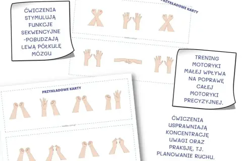 Kiedy najlepiej ćwiczyć? Rysunki dłoni pokazują ćwiczenia usprawniające koncentrację i planowanie ruchu.