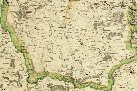 Stary, ręcznie rysowany plan pokazuje tereny, gdzie jest Podlasie, z zaznaczonymi wsiami i miasteczkami jak Strusy, Mordy, Losice.