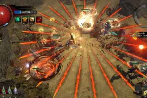 Intensywna walka w Path of Exile po polsku. Postać walczy z hordą wrogów, używając ognistych zaklęć.