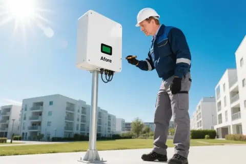 Instalator pracuje przy falowniku Afore, który przetwarza prąd z paneli słonecznych na prąd zmienny (ac).