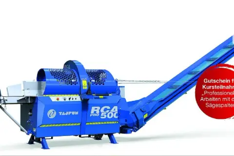 Blauer Tajfun RCA 500 Pro Sägespalter mit Förderband. Informieren Sie sich über den Tajfun RCA 500 Pro Preis und professionelles Arbeiten.