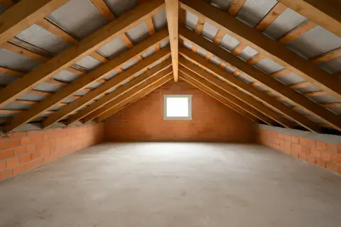 Sottotetto con tetto a vista, pareti in mattoni e un piccolo lucernario. Pronto per l'isolamento sottotetto calpestabile.