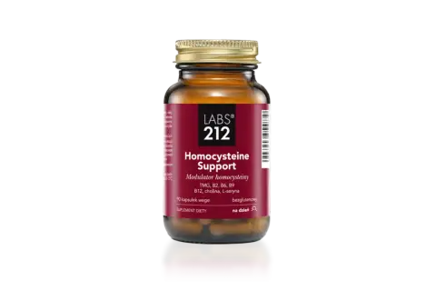 Bursztynowa butelka suplementu diety "Homocysteine Support" od LABS 212, zawierająca kapsułki wspierające metabolizm homocysteiny.