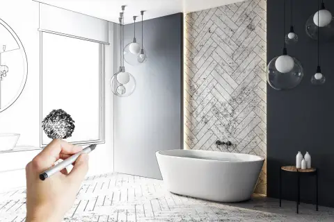 Rysunek nowoczesnej łazienki z wanną i designerskimi lampami. Planowanie remontu łazienki koszt.