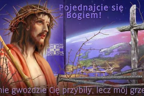 Obraz przedstawia cierpiącego Jezusa w koronie cierniowej, symbolizującego modlitwę o przebaczenie grzechu ciężkiego. Krzyż i ziemia w tle podkreślają wagę grzechu.