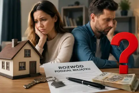 Para zmartwiona przy stole z dokumentem "Rozwód Podział Majątku", miniaturką domu, kluczami, pieniędzmi i znakiem zapytania.