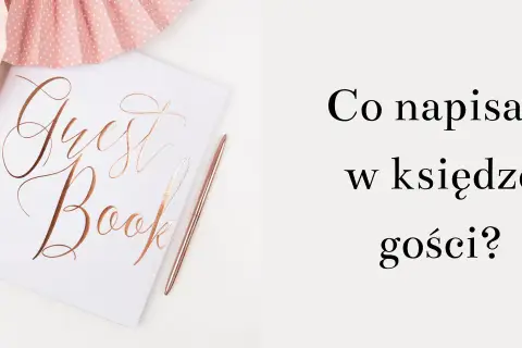 Elegancka księga gości z napisem "Guest Book" i długopisem. Inspiracja na przykładowe wpisy do księgi pamiątkowej.