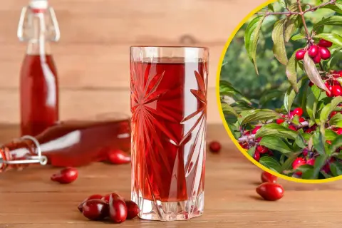 Szklanka i butelki z nalewką z derenia. Obok świeże owoce i gałązka derenia. Idealny przepis na nalewkę z derenia.