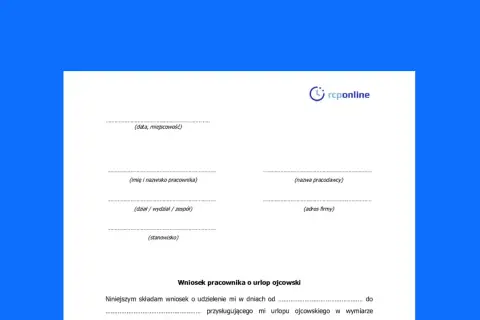 Formularz wniosku o urlop ojcowski. Dokument zawiera pola na dane pracownika, pracodawcy oraz daty planowanego urlopu.