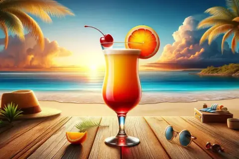 Idealny przepis na Tequila Sunrise na plaży. Koktajl, palmy i zachód słońca tworzą wakacyjny klimat.