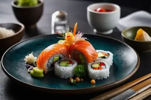 Wykwintne rolki sushi z łososiem, awokado i warzywami na turkusowym talerzu. Idealne, gdy masz ochotę na sushi.
