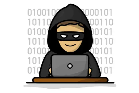 Uśmiechnięty haker w masce i kapturze siedzi przy laptopie, otoczony kodem binarnym. To symbol zagrożenia ze strony keyloggerów.
