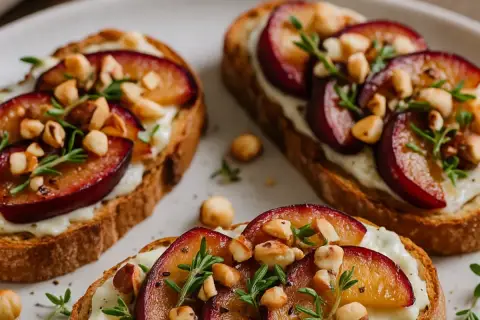 Bruschetta z gorgonzolą, śliwkami i orzechami laskowymi. Pyszna przekąska, która zachwyci każdego smakosza.