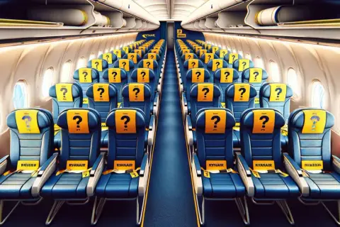 Puste rzędy siedzeń w samolocie Ryanair. Ile jest miejsc w samolocie? Zagadkowe żółte zagłówki z pytajnikami sugerują tajemnicę.