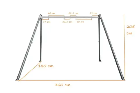 Wymiary huśtawki ogrodowej: wysokość 205 cm, szerokość 310 cm, głębokość 180 cm. Idealna do zrobienia huśtawki.