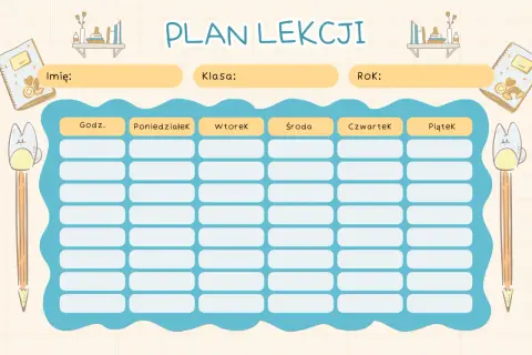 Ilustracja pustego planu lekcji z polami na imię, klasę, rok oraz dni tygodnia od poniedziałku do piątku.