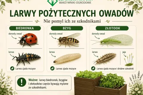 Larwy biedronki, bzyga i złotooka zjadają mszyce. Nie myl ich ze szkodnikami!