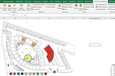 Mapa drogowa w Excelu wizualizuje objawy "dziur fabularnych" na planie architektonicznym, pokazując procentowe wartości w różnych obszarach.