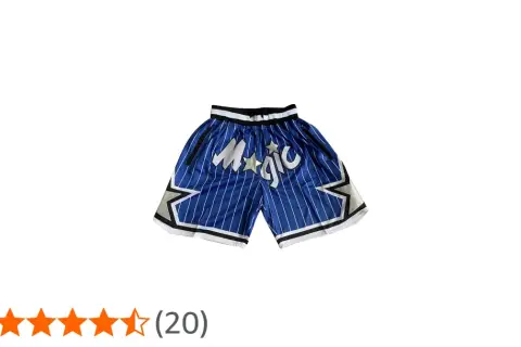 Niebieskie szorty koszykarskie z białymi paskami i napisem "Magic" ozdobione gwiazdkami. Idealne dla fana basketu.